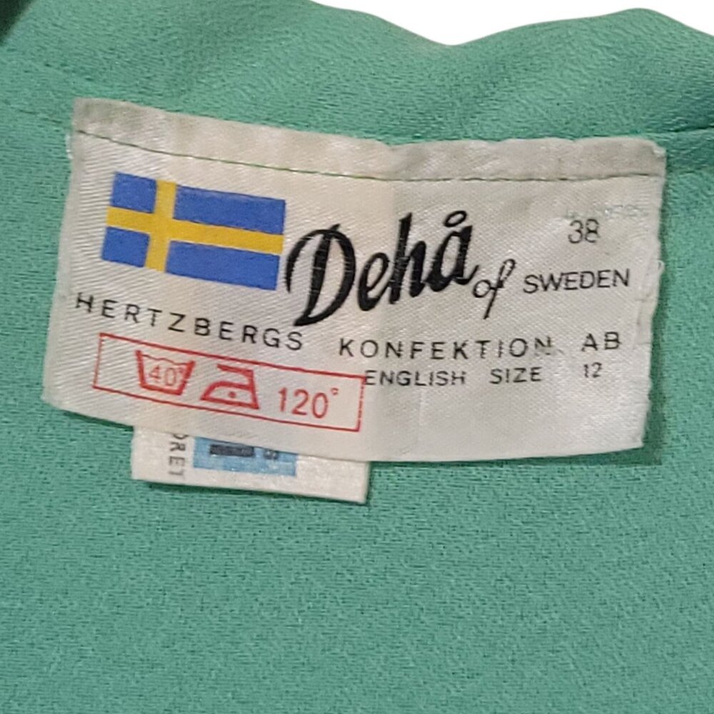 Deha Of Sweden Vtg 70s Green Ruffle Collar Blouse SZ 38 Bow Tie Button Front - Picture 4 of 16
